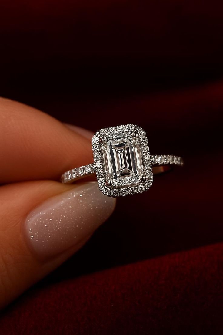 Radiant cut halo pave engagement ring in white gold